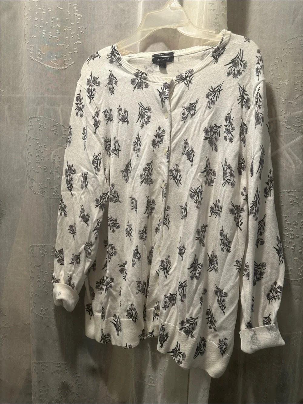 Lands' End White Cardigan with Gray Floral Print